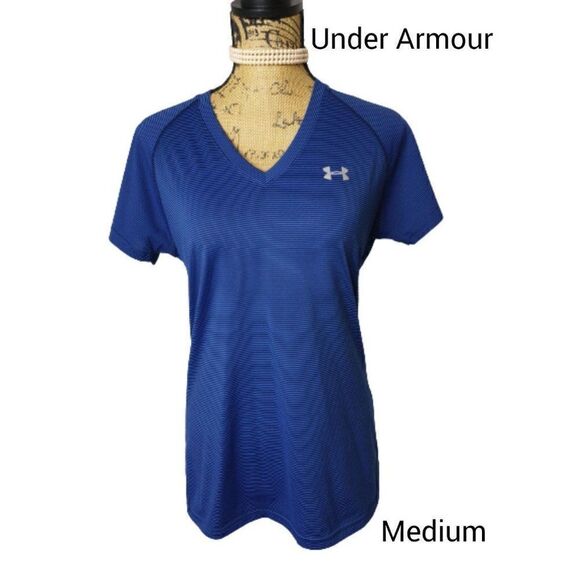 Under Armour Women's UA V-Neck Short Sleeve Tee Semi-Fitted Top Striped M NWOT - Picture 1 of 6